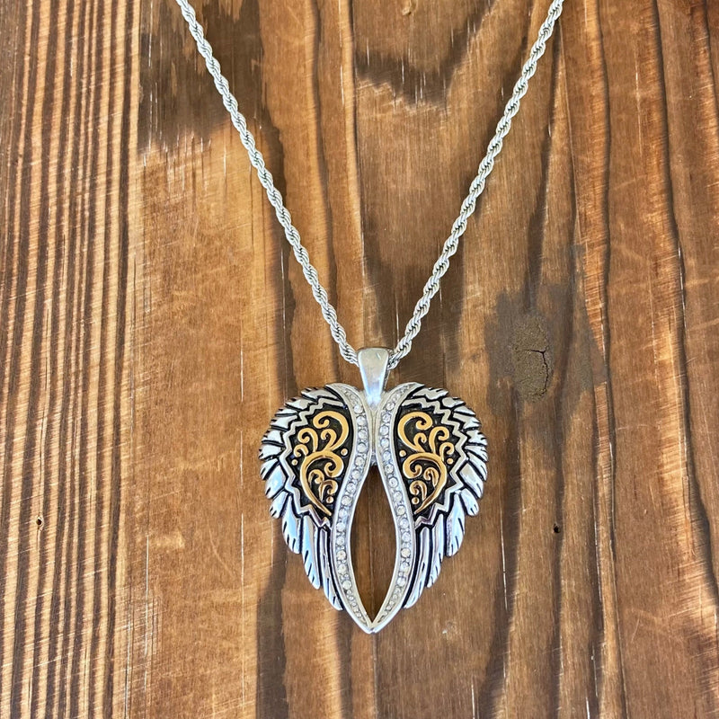Sanity Jewelry Ladies Necklace 2mm 16” Rope Necklace Angel Heart Wings Pendant - Silver/Gold Bling Wings - Custom - Rope Necklace - LAP034