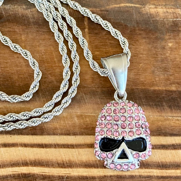 Sanity Jewelry Ladies Necklace 2mm 16” Rope Necklace Bling Skull - Mini Pendant - Pink Stone - Rope Necklace or Omega - 2596M