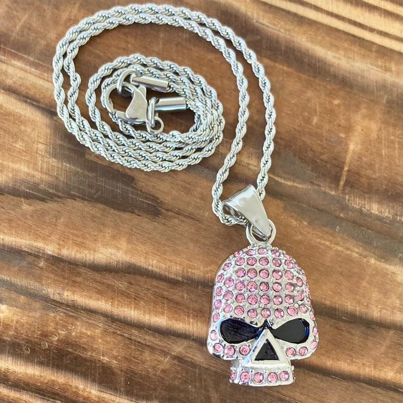 Sanity Jewelry Ladies Necklace 2mm 16” Rope Necklace Bling Skull Pendant - Pink Stone Pendant - Rope Necklace or Omega - 2596C