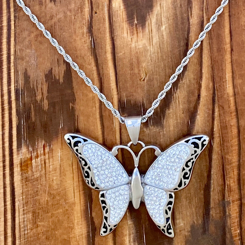 1928 Jewelry Blue Enamel Crystal Butterfly Pendant Necklace 18