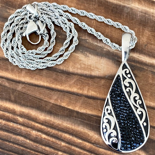 Sanity Jewelry Ladies Necklace 2mm 16” Rope Necklace Crystal Teardrop - Black - Pendant - Rope Necklace or Omega - AJ04