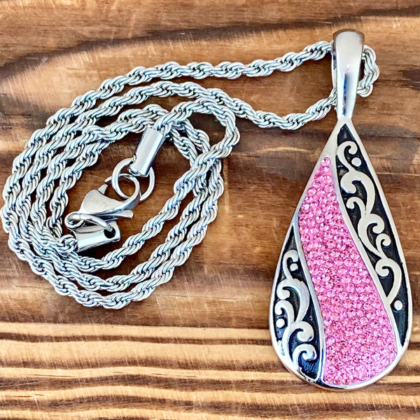 Sanity Jewelry Ladies Necklace 2mm 16” Rope Necklace Crystal Teardrop - Pink - Pendant - Rope Necklace or Omega - AJ03