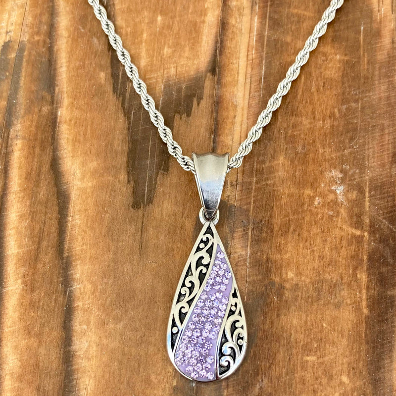 Sanity Jewelry Ladies Necklace 2mm 16” Rope Necklace Crystal Teardrop - Purple - Mini Pendant - Rope Necklace - AJ06M