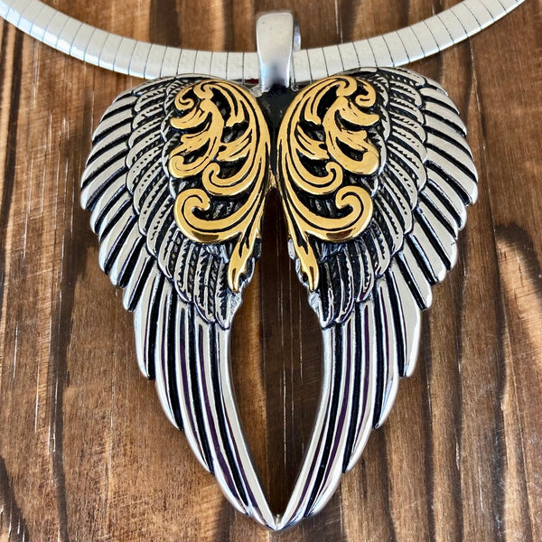 Sanity Jewelry Ladies Necklace 2mm 18” Rope Necklace Angel Heart Wings Pendant - Gold/Silver Wings - Classic - Rope Necklace or Omega - LAP024