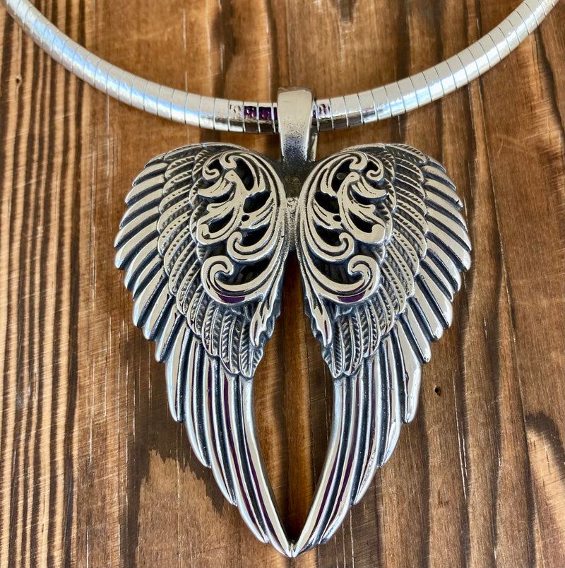 Sanity Jewelry Ladies Necklace 2mm 18” Rope Necklace Angel Heart Wings Pendant - Silver Wings - Classic - Rope Necklace or Omega - LAP026