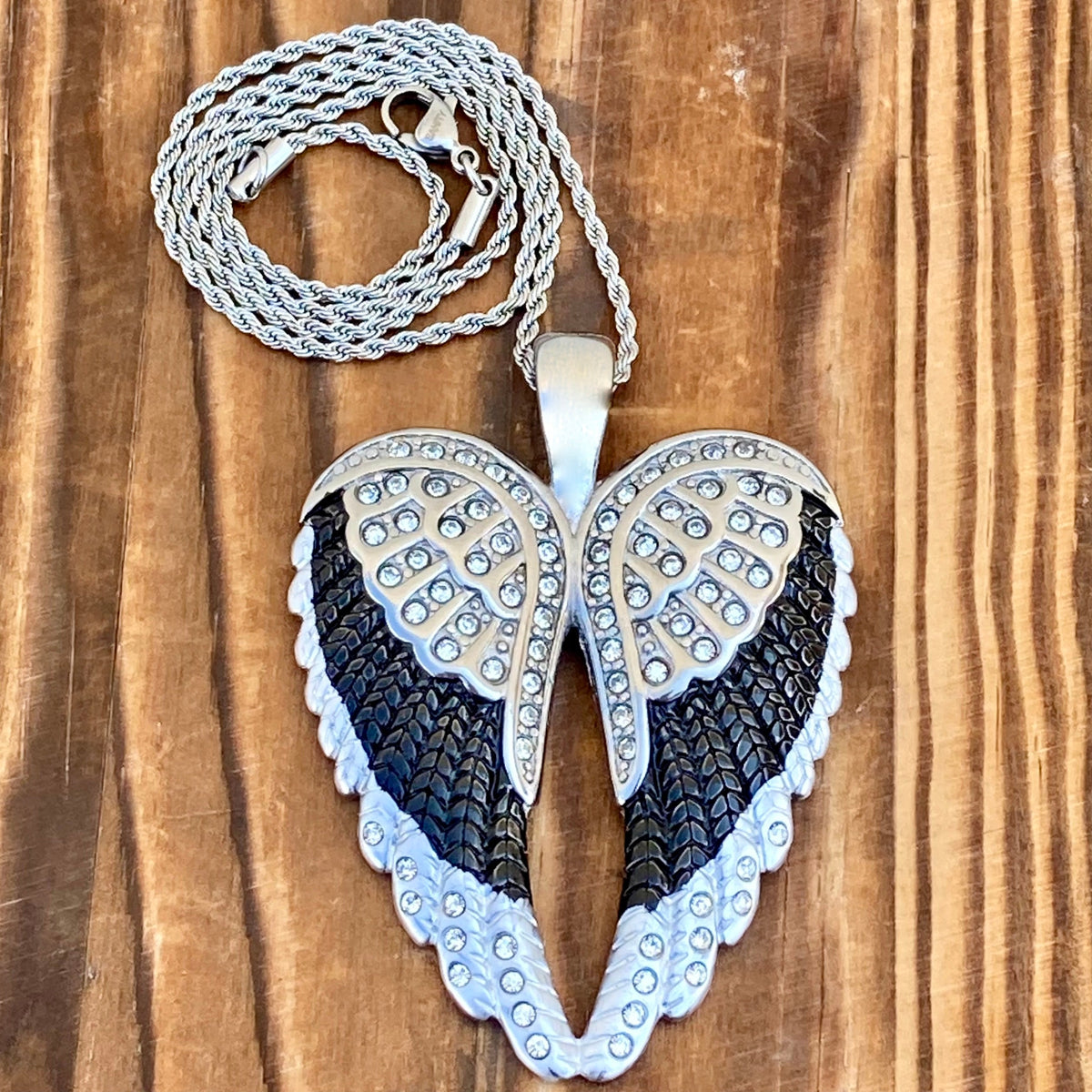 Angel Heart Wings Pendant - Black & White W/White Stones - Classic - R