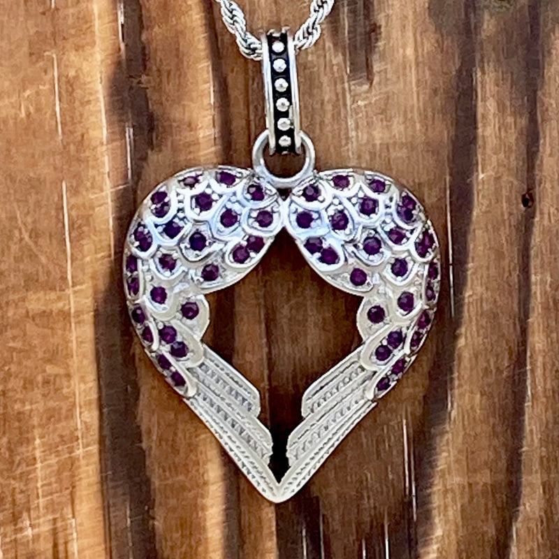 Sanity Jewelry Ladies Necklace Angel Heart Wings Pendant - Bling Wings Purple Stone - Rope Necklace or Omega - LAP032
