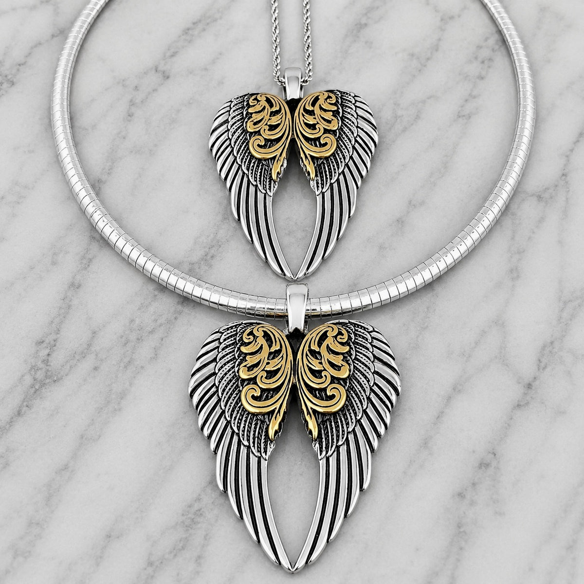Necklace | Angel Heart - Silver/Gold Bling Wings | Sanity Jewelry