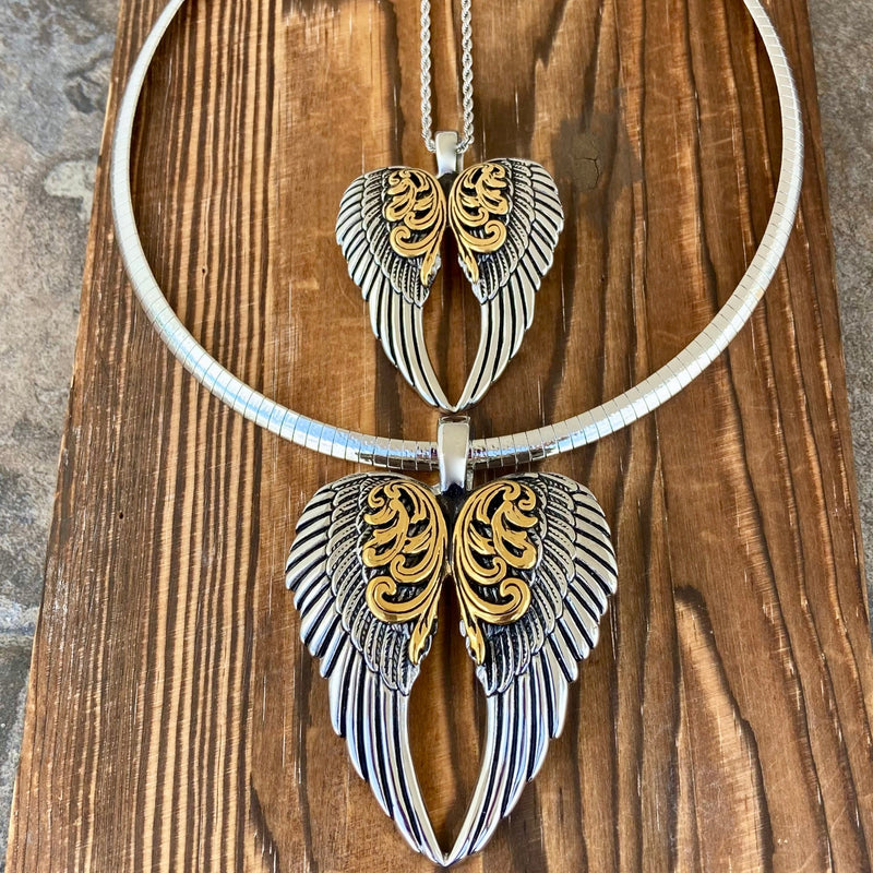 Sanity Jewelry Ladies Necklace Angel Heart Wings Pendant - Gold/Silver Wings - Classic - Rope Necklace or Omega - LAP024