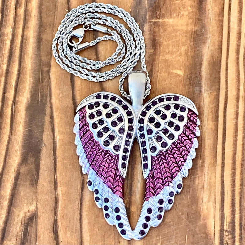 SANITY JEWELRY® Ladies Necklace Angel Heart Wings Pendant - Purple W/Purple Stones - Custom - Rope Necklace - SK2618C