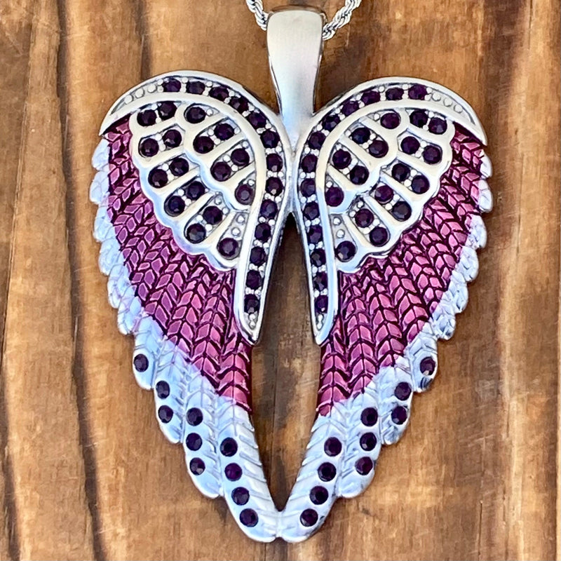 SANITY JEWELRY® Ladies Necklace Angel Heart Wings Pendant - Purple W/Purple Stones - Custom - Rope Necklace - SK2618C