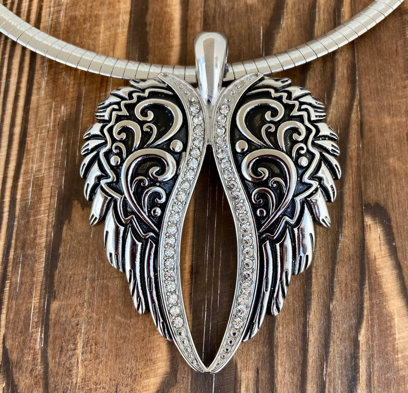 Angel Heart Wings Pendant - Silver Bling Wings - Classic - Rope Necklace or Omega - LAP035 Pendant Only