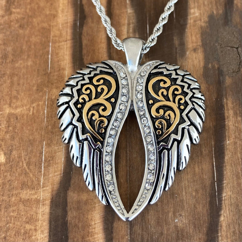 Sanity Jewelry Ladies Necklace Angel Heart Wings Pendant - Silver/Gold Bling Wings - Custom - Rope Necklace - LAP034