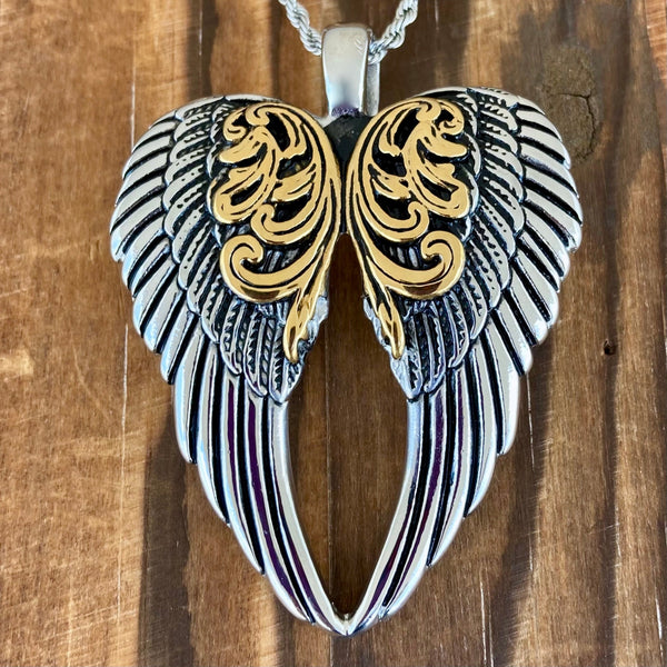 Sanity Jewelry Ladies Necklace Angel Heart Wings Pendant - Silver/Gold Wings - Custom - Rope Necklace or Omega - LAP025