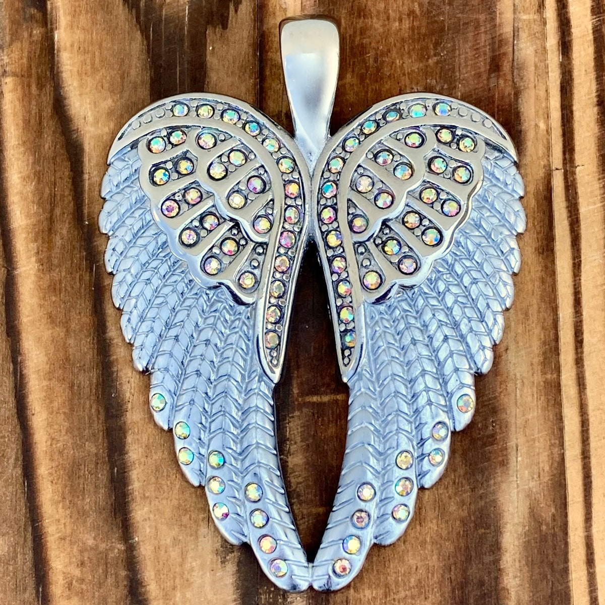 Angel Heart Wings Pendant - White W/Rainbow Stones - Classic - Rope Ne