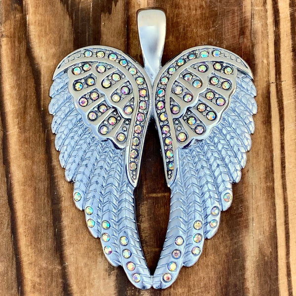 Angel Heart Wings Pendant - White W/Rainbow Stones - Classic - Rope Ne