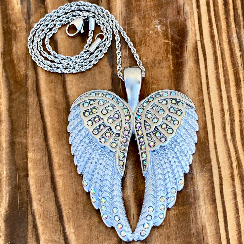 SANITY JEWELRY® Ladies Necklace Angel Heart Wings Pendant - White W/Rainbow Stones Wings - Classic - Rope Necklace or Omega - LAP38