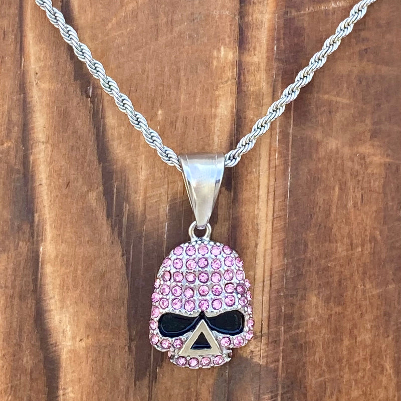 Sanity Jewelry Ladies Necklace Bling Skull - Mini Pendant - Pink Stone - Rope Necklace or Omega - 2596M
