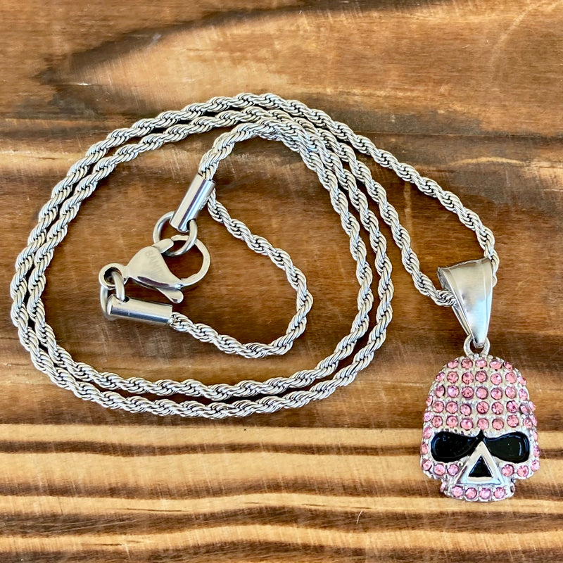 Sanity Jewelry Ladies Necklace Bling Skull - Mini Pendant - Pink Stone - Rope Necklace or Omega - 2596M