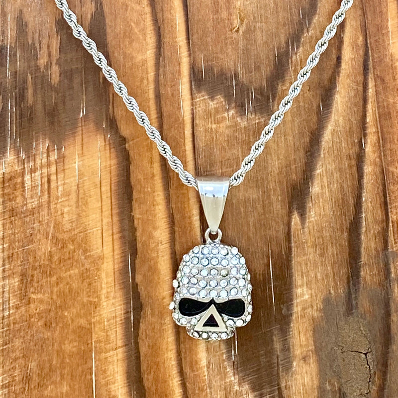 Sanity Jewelry Ladies Necklace Bling Skull - Mini Pendant - White Stone - Rope Necklace or Omega - SK2595M