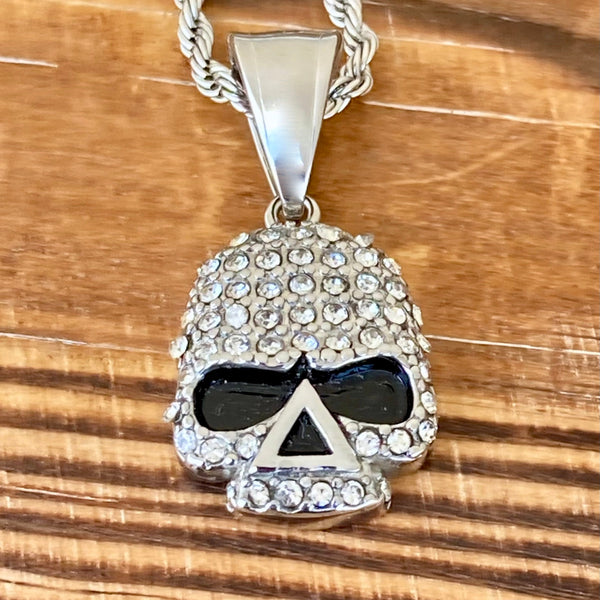 Sanity Jewelry Ladies Necklace Bling Skull - Mini Pendant - White Stone - Rope Necklace or Omega - SK2595M