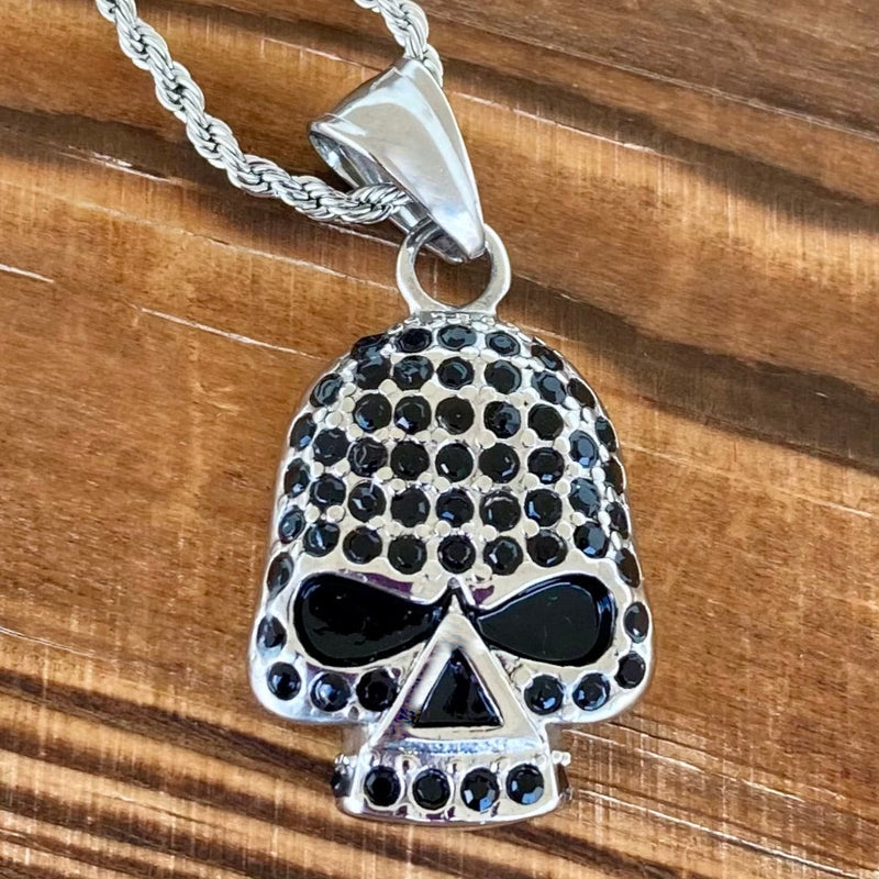 Sanity Jewelry Ladies Necklace Bling Skull Pendant - Black Stone Pendant - Rope Necklace or Omega - SK2594
