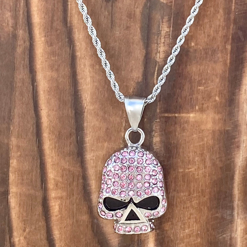 Sanity Jewelry Ladies Necklace Bling Skull Pendant - Pink Stone Pendant - Rope Necklace or Omega - 2596C