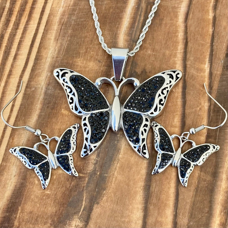 Sanity Jewelry Ladies Necklace Crystal Butterfly - Black - Pendant - Rope Necklace or Omega - 2613C