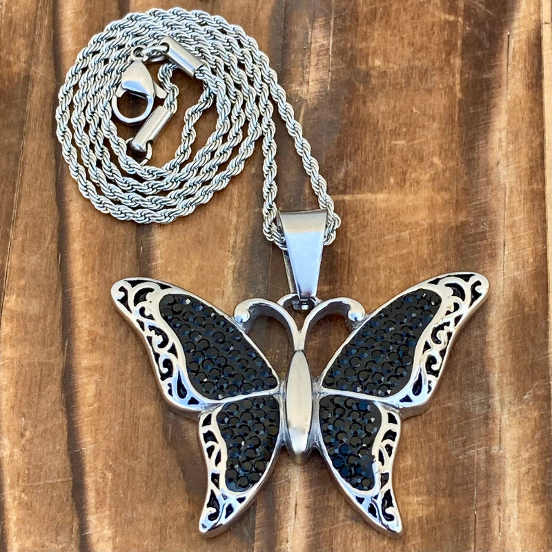 Sanity Jewelry Ladies Necklace Crystal Butterfly - Mini Pendant - Black - Rope Necklace or Omega - M613C