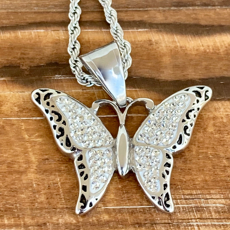 Mini Rope Pendant Crystal Butterfly - Mini Pendant - White - Rope Necklace - SK2581M