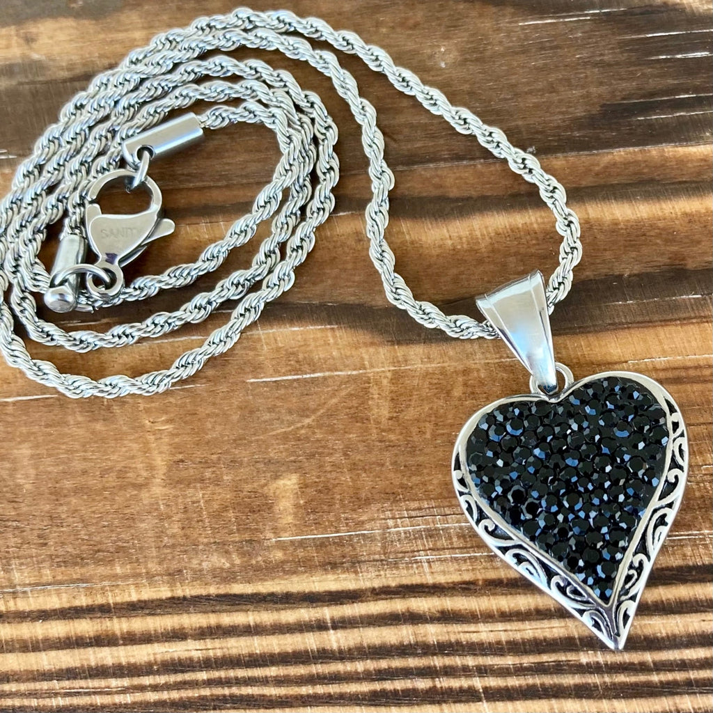 Crystal Heart Mini Pendant - Black - Rope Necklace - AJ02M