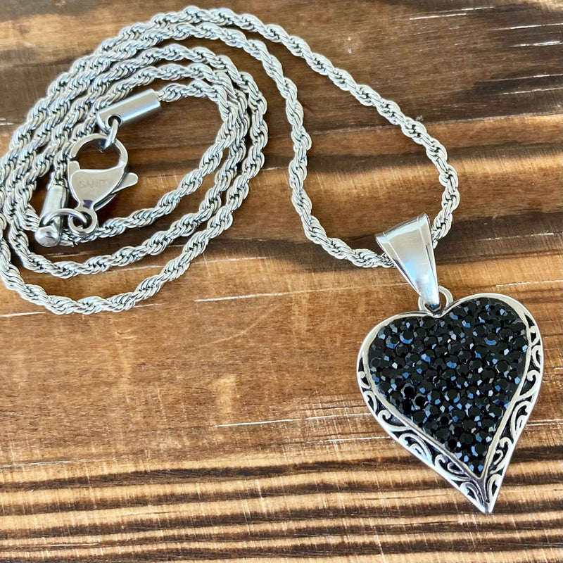 Sanity Jewelry Ladies Necklace Crystal Heart Mini Pendant - Black - Rope Necklace - AJ02M