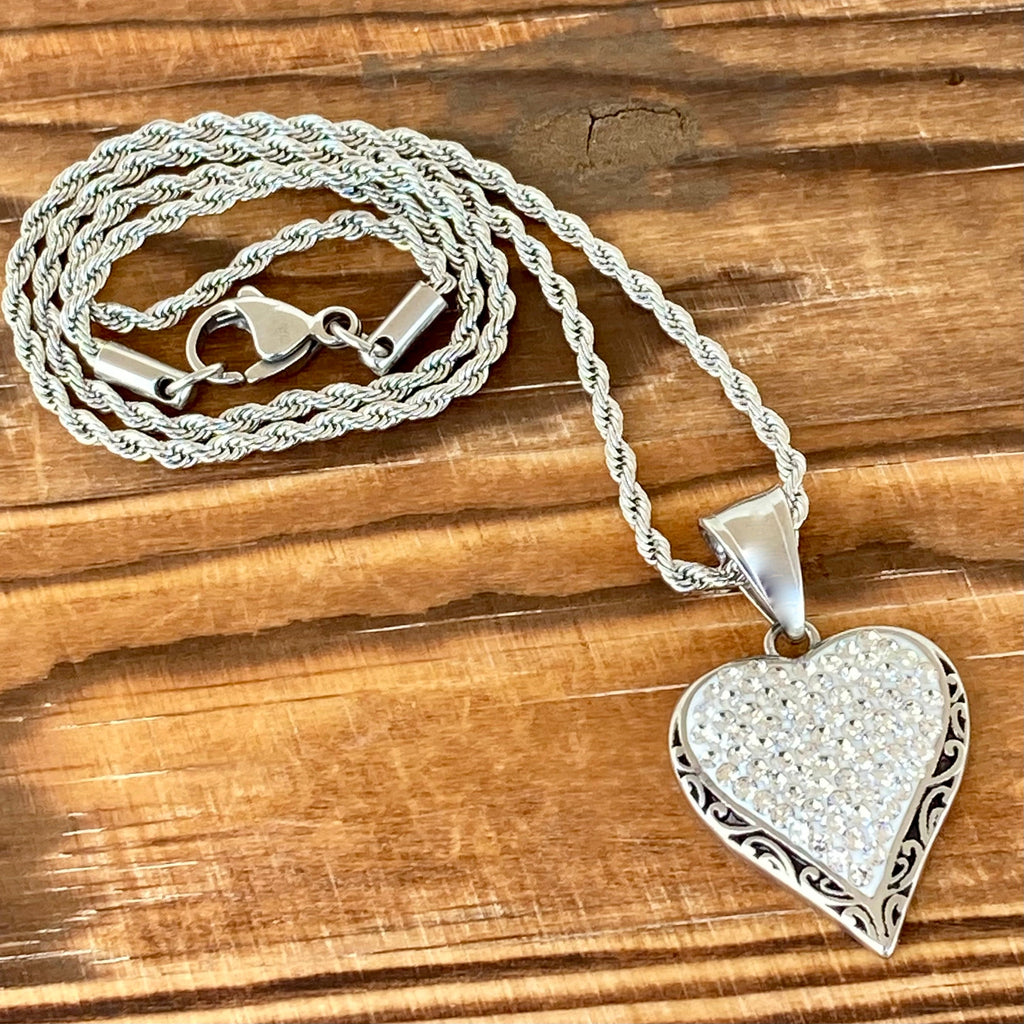 Crystal Heart Mini Pendant - White - Rope Necklace - AJ01M 4mm 22” Rope Necklace