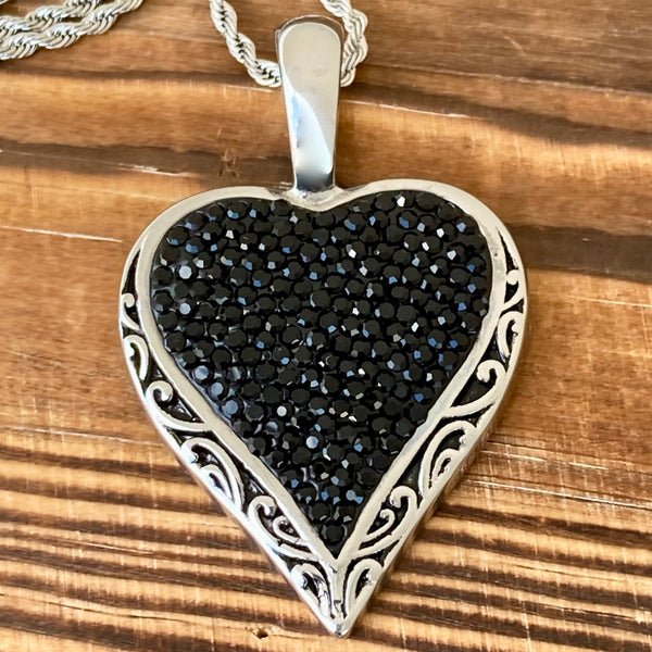 Crystal Heart Mini Pendant - Black - Rope Necklace - AJ02M