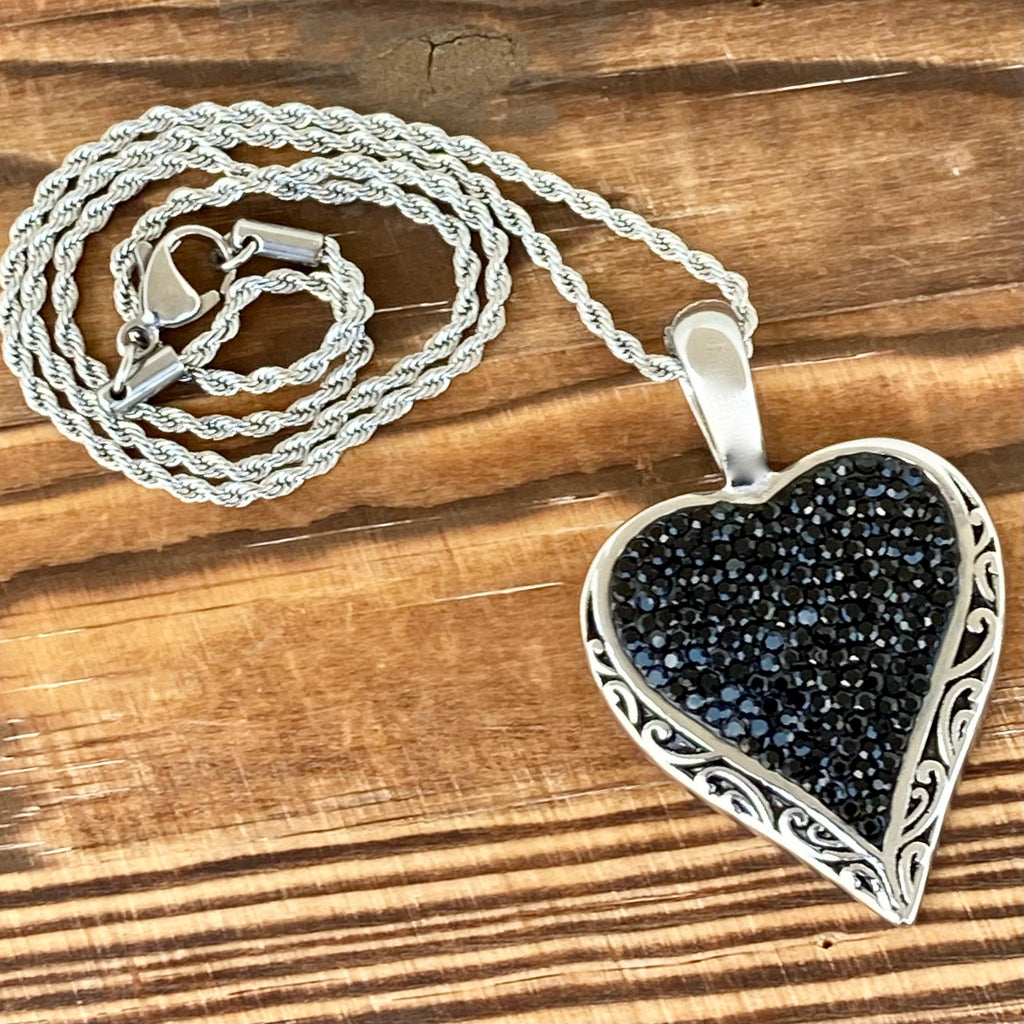 Crystal Heart Pendant - Black - Rope Necklace or Omega - AJ02 4mm 22” Rope Necklace