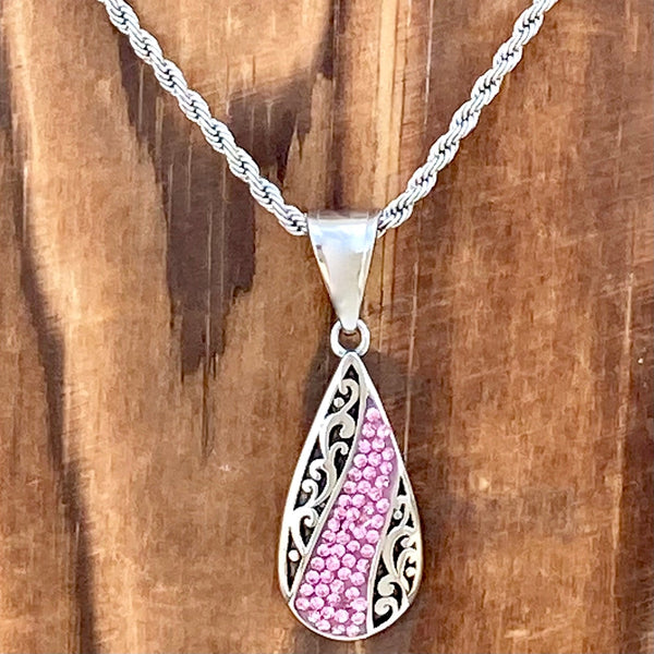 Sanity Jewelry Ladies Necklace Crystal Teardrop - Pink - Mini Pendant - Rope Necklace - AJ03M