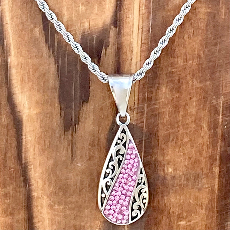 Mini Rope Pendant Crystal Teardrop - Pink - Mini Pendant - Rope Necklace - AJ03M