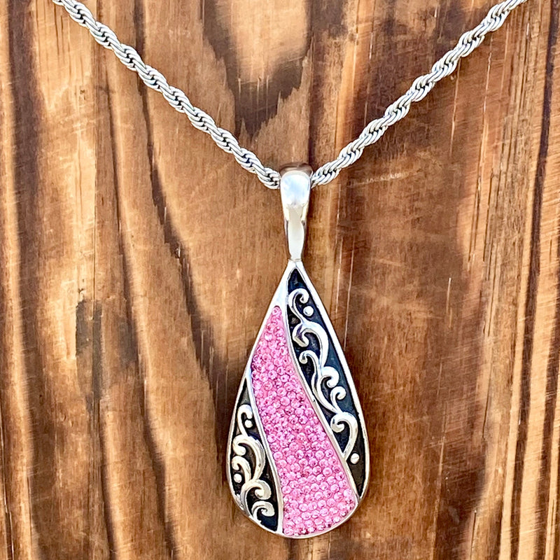 Sanity Jewelry Ladies Necklace Crystal Teardrop - Pink - Pendant - Rope Necklace or Omega - AJ03