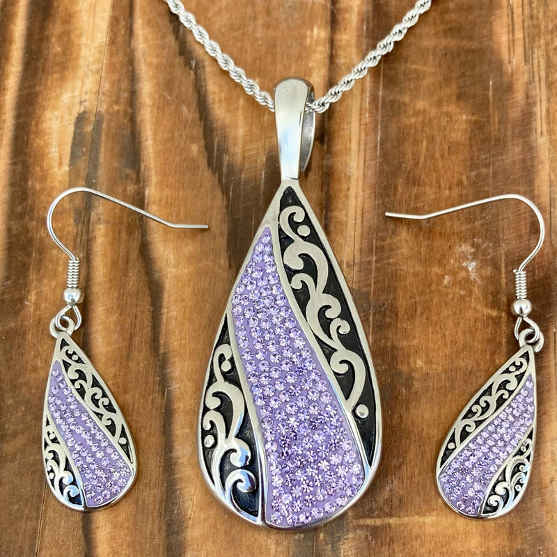 Sanity Jewelry Ladies Necklace Crystal Teardrop - Purple - Pendant - Rope Necklace or Omega - AJ06