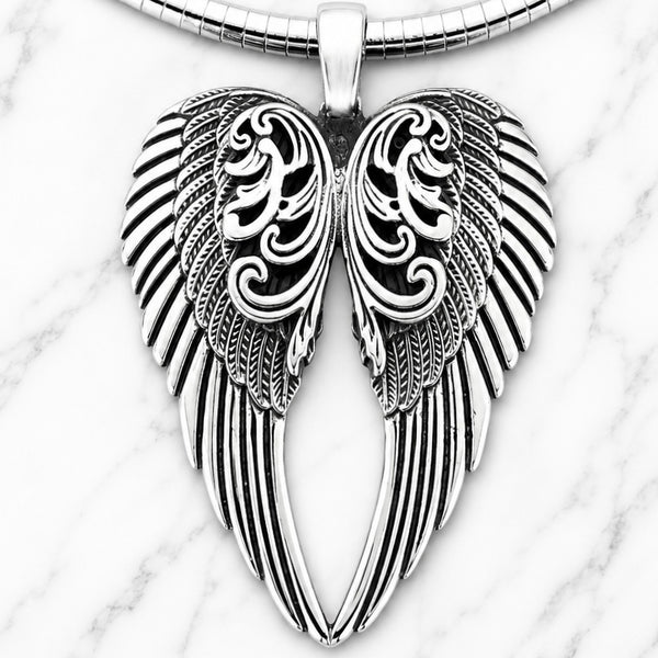 Angel Heart Wings Pendant - Silver Scrollwork - Classic - Rope Necklac