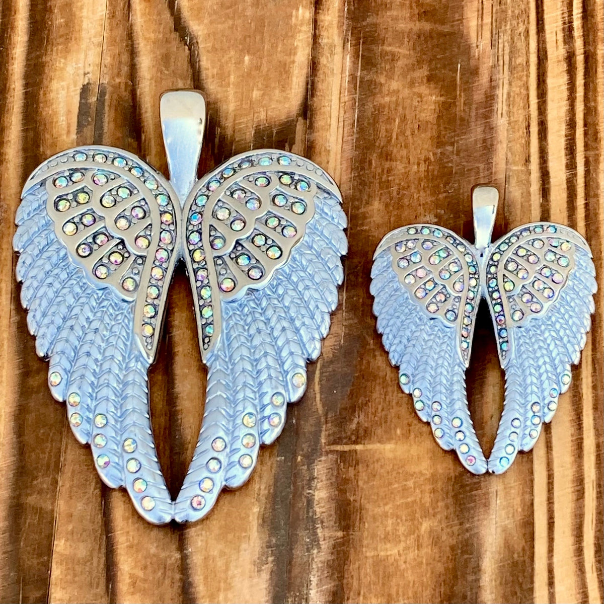 Angel Heart Wings Pendant - White W/Rainbow Stones - Classic - Rope Ne