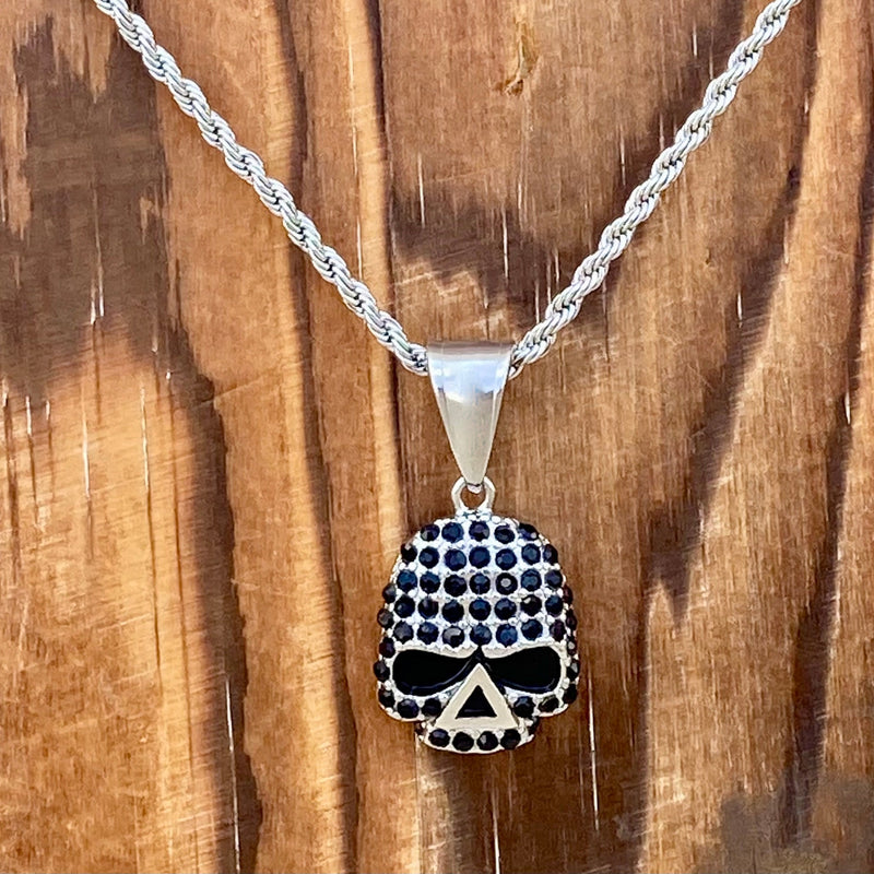 Sanity Jewelry Ladies Necklace Pendant Only Bling Skull - Mini Pendant - Black Stone - Rope Necklace or Omega - SK2594M