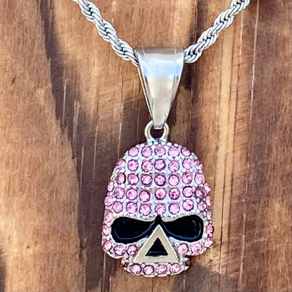 Bling Skull - Mini Pendant - Pink Stone - Rope Necklace - 2596M