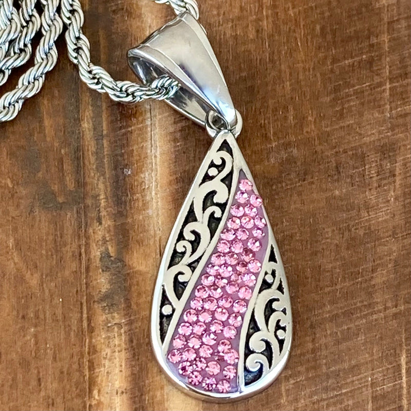Sanity Jewelry Ladies Necklace Pendant Only Crystal Teardrop - Pink - Mini Pendant - Rope Necklace - AJ03M