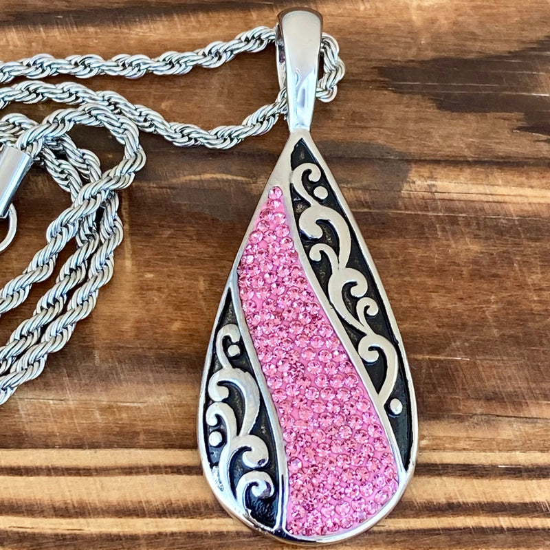 Sanity Jewelry Ladies Necklace Pendant Only Crystal Teardrop - Pink - Pendant - Rope Necklace or Omega - AJ03