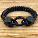 Sanity Jewelry Men's Skull Bracelet 7.5 inches 2 Skull Heads Bracelet - Matte Black - 1/2 inch wide - B14