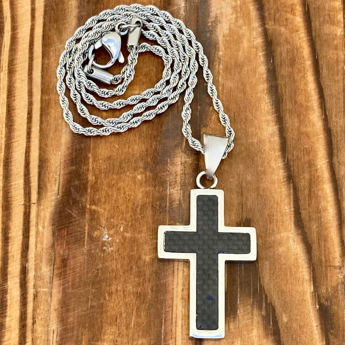 Cross - Small Black Carbon Fiber & Silver Pendant - Necklace (718)