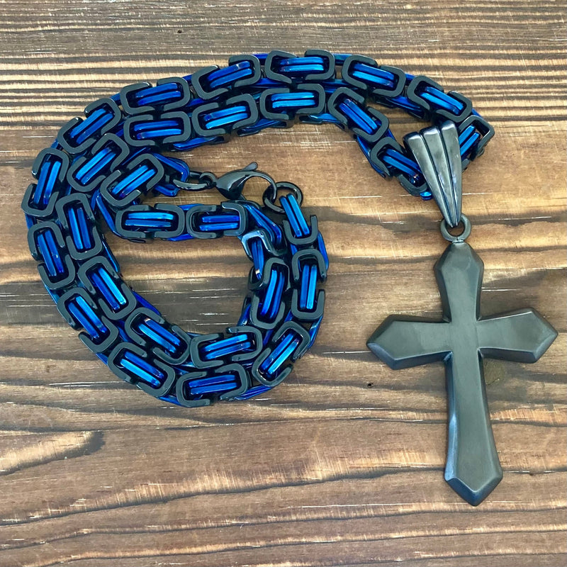 Sanity Jewelry Necklace 22” Blue & Black "Sanity's Combo" - Cross - Charcoal Shiny Cross Pendant - Necklace (484)