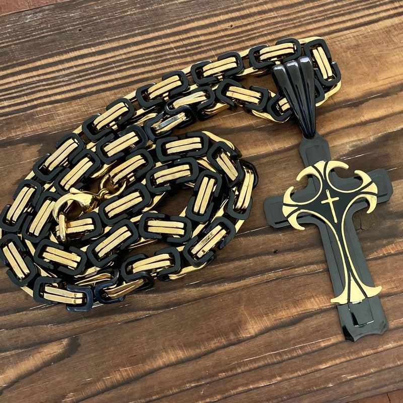Sanity Jewelry Necklace 22” Gold & Black "Sanity's Combo" - Cross - Risen Cross Black & Gold Pendant - Necklace (820)