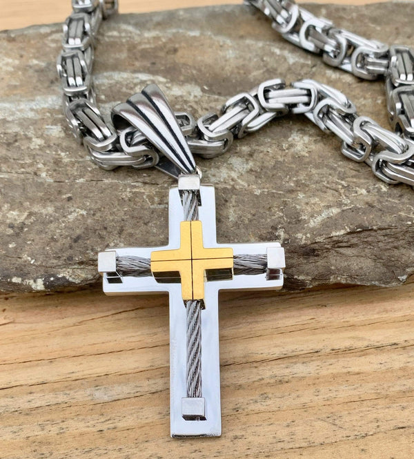 Sanity Jewelry Necklace 22” Silver Cross - 2 Tone Gold & Silver Pendant & Necklace SLC448 CLEARANCE